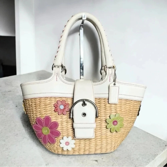 Coach Flower Straw Wicker Bag Basket Limited Edition RARE Vintage - Picture 2 of 12